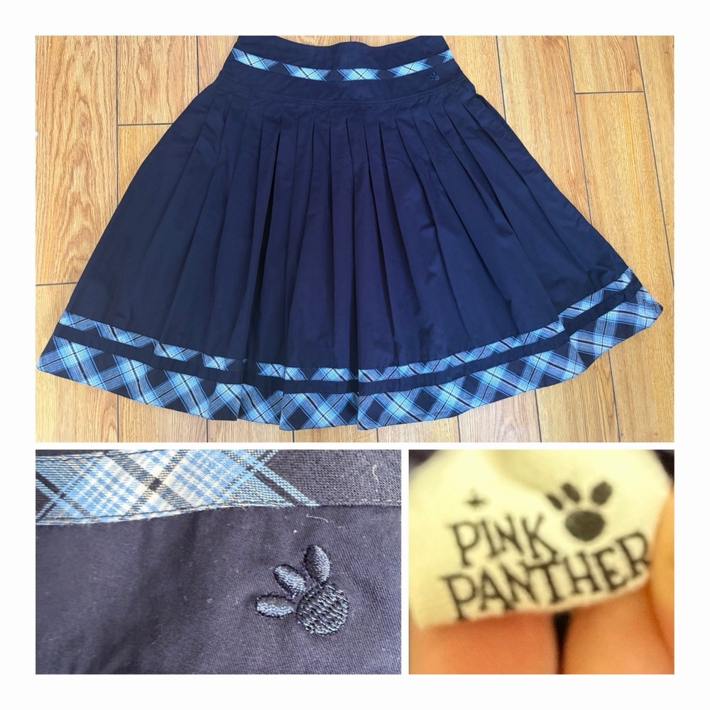 2007 Pink Panther Pleated Skirt M Navy Plaid Y2K Preppy Schoolgirl MGM Academia